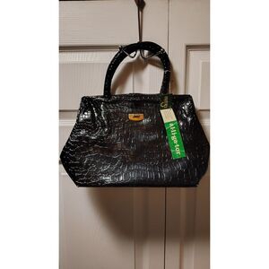 Vtg NWT Mitzi Black Shiny Faux Alligator Crocodile Embossed Satchel Bag